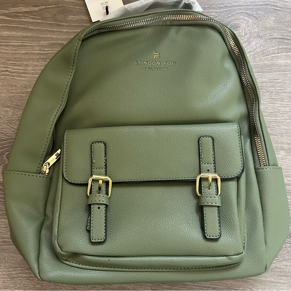 New London Fog Stella Pebble Sage Green Backpack with Gold Light Accents